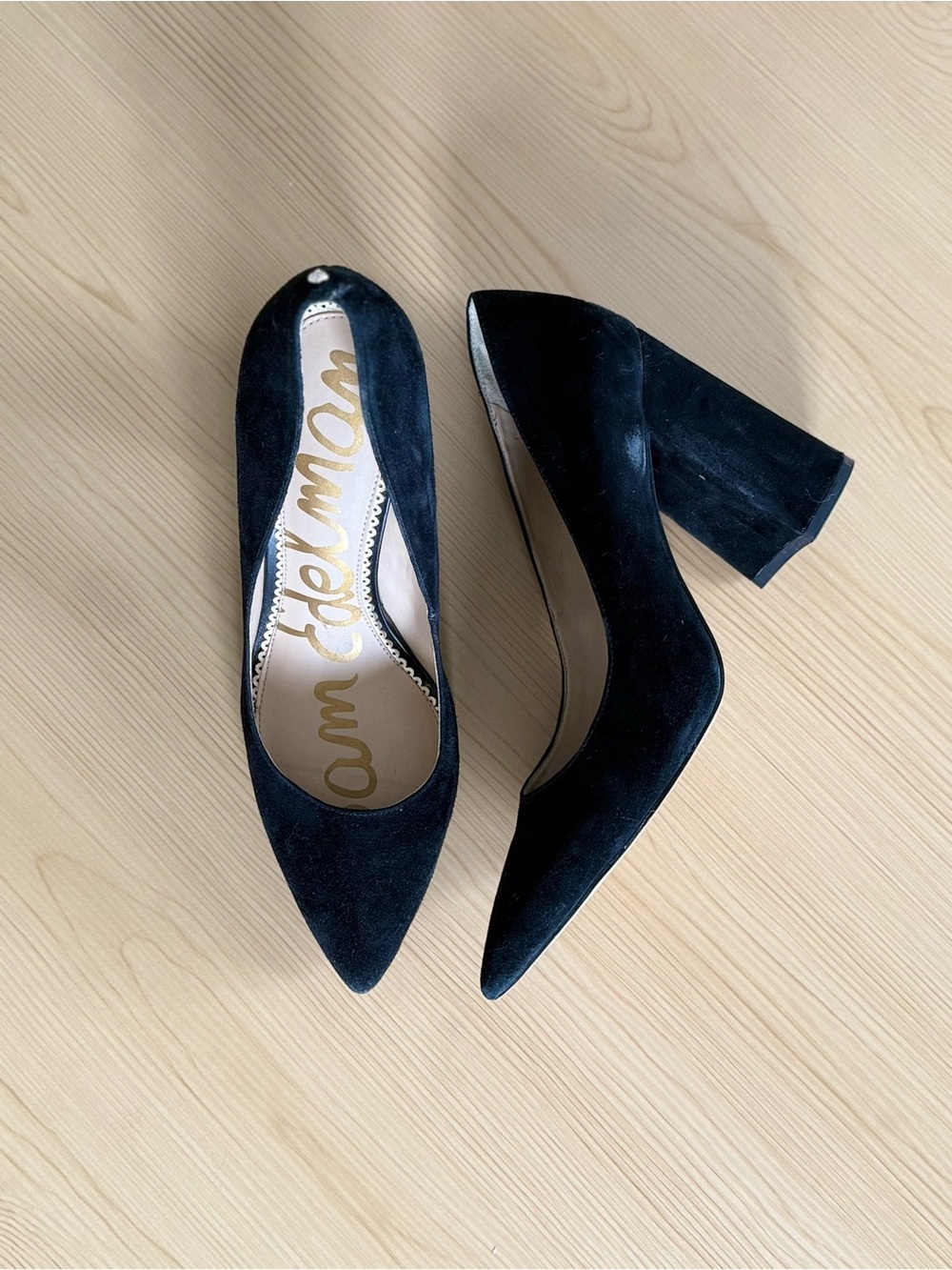 Sam Edelman Black Suede Pointed Toe Block Heel Pumps Leather Designer Heels - Picture 2 of 6